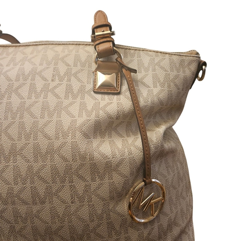 Michael Kors Signature MK Monogram Tote Bag Beige Brown Leather Accents - Picture 4 of 5